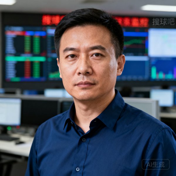搜球吧创始人兼CEO陈启明半身近照，身穿深蓝色商务衬衫，背景为搜球吧数据监控中心，表情坚定而沉稳